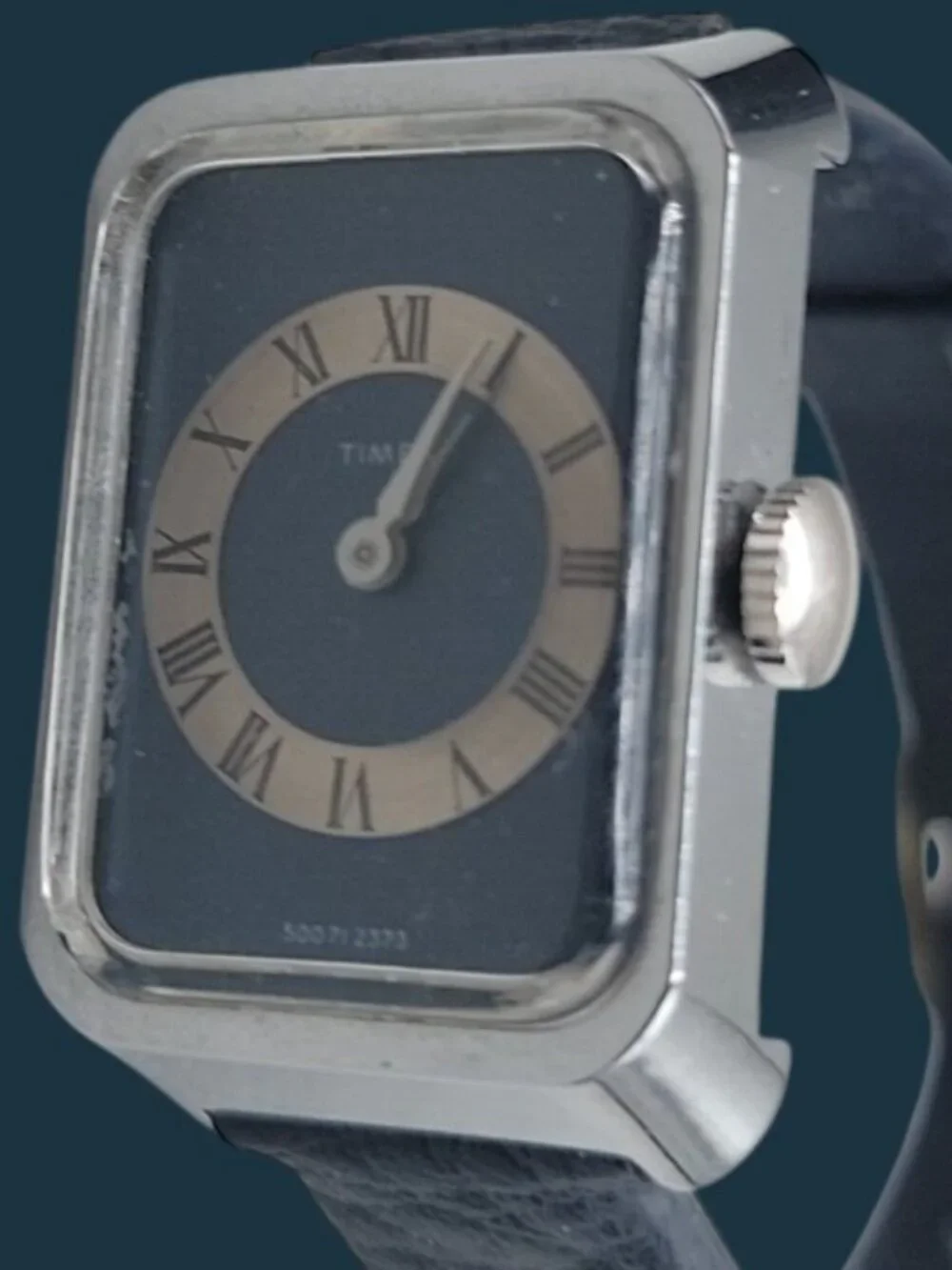 Vintage 1973 Timex Ladies Tank Watch Blue Roman Numeral Dial Chrome Plated Runs